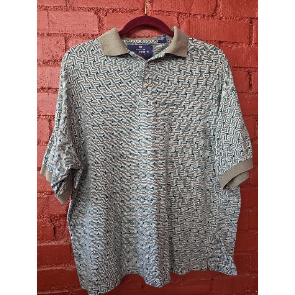 Nino Cerruti Sport Men's Golf Polo Tee Shirt Green Geometric Dadcore L Large